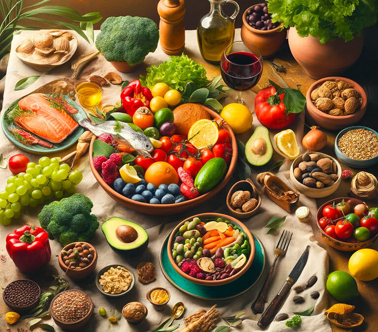 Assortimento di cibi della Dieta Mediterranea su un tavolo luminoso, con frutta, verdure, pesce, olio d'oliva e vino rosso, circondati da decorazioni mediterranee.